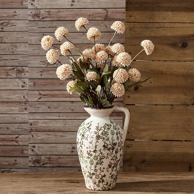 Green and Beige Antique Vase, 8.9 Inch Vintage Chinoiserie Floral Vase, Rustic Ceramic Vase for Home Decor, Living Room, Bookshelf, Office, Entryway, Garden, Chinoiserie Decor, Tuscan Decor