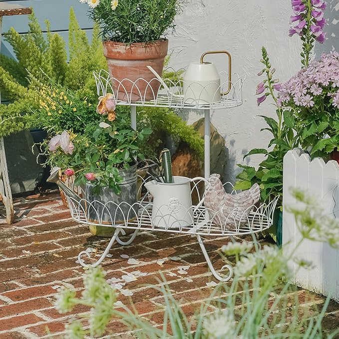 White Oval Plant Stand for Plants, French Provincial Side Table with Floral Accents, Low Indoor Greenery Display Shelf Garden Decor