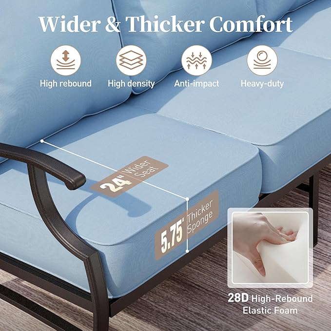 6 Piece Metal Outdoor Patio Furniture Set, Patio Conversation Set 1 3-Seater Sofa, 2 Rocking Chair, 2 Leg Chair with 5.75" Thick Cushion and Coffee Table, Backyard Furniture Set, Blue