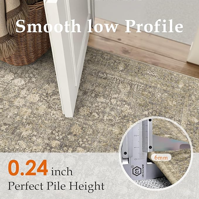 Brown Area Rug 8x10 Machine Washable Large Vintage Living Room Distressed Non Slip Carpet Traditional Indoor Bedroom Retro Floral Accent Throw Rug for Office Kitchen Dining Room