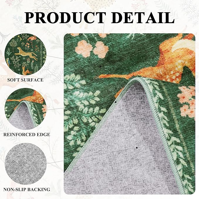 DUKINO 6x9 Rug, Washable Animal Living Room Rug with Non Slip Vintage Design, Soft Low Pile Large Carpet for Bedroom, Nursery, Dining Room, Farmhouse, Playroom, Green
