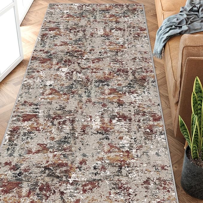 Modern Brown Runner Rug 2x6 Washable Hallway Red Brown Multi Bedroom Carpet Non Slip Kitchen Indoor Accent Neutral Abstract Distressed Throw Rug Dining Laundry Living Room Bathroom