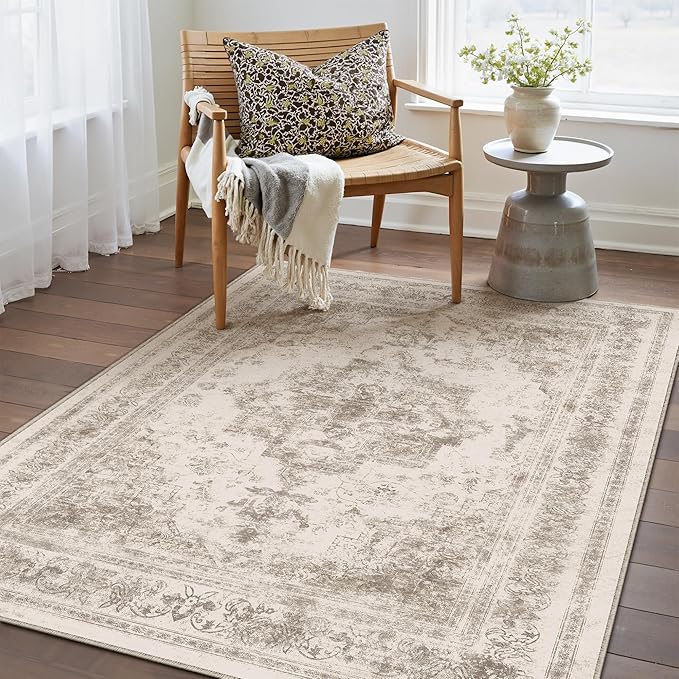 Area Rug 3x5 Washable Taupe Rug Vintage Boho Medallion Entryway Door Mat Entrance Distressed Retro Carpet Non Slip Low Pile Small Soft for Office Kitchen Bedroom Laundry Bathroom Hallway
