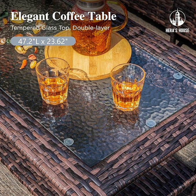 HERA'S HOUSE Patio Furniture Set, 4 x High Back Swivel Chairs with 5.5" Comfy Cushions, 6 Pieces Outdoor Wicker Conversation Set for Lawn Deck Backyard, Navy Blue