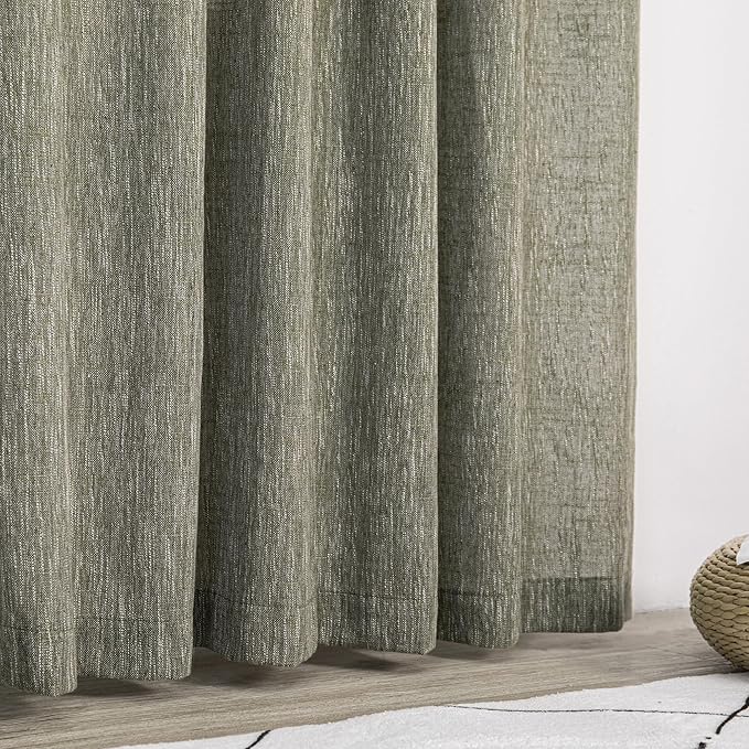 MYSKY HOME 95 Inch Curtains Farmhouse Light Filtering Privacy Curtain Drapes for Patio Door Living Room, Linen Look Texture Fabric Bohemian Draperies Soft Touch, 50x95, Olive Green, 2 Panels