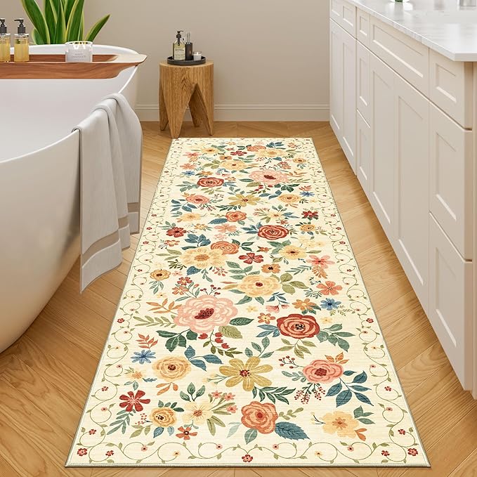 DUKINO 2x6 Runner Rug for Hallway, Washable Kitchen Runner Rug with Non Slip Backing, Low Pile Soft Boho Floral Runner for Kitchen, Hallway, Entryway, Laundry, Bedroom, Beige Yellow