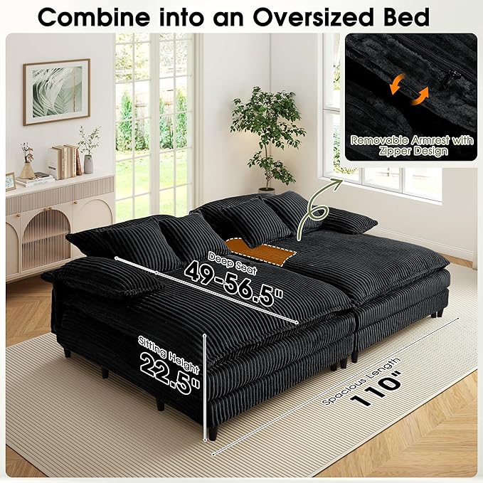 110" W Oversized Double Chaise Lounge Sofa Couch, Corduroy Sleeper Sofa Bed with Adjustable Backrest, Modern Upholstered Cloud Couch with Deep Seat & Pillows for Living Room, Black