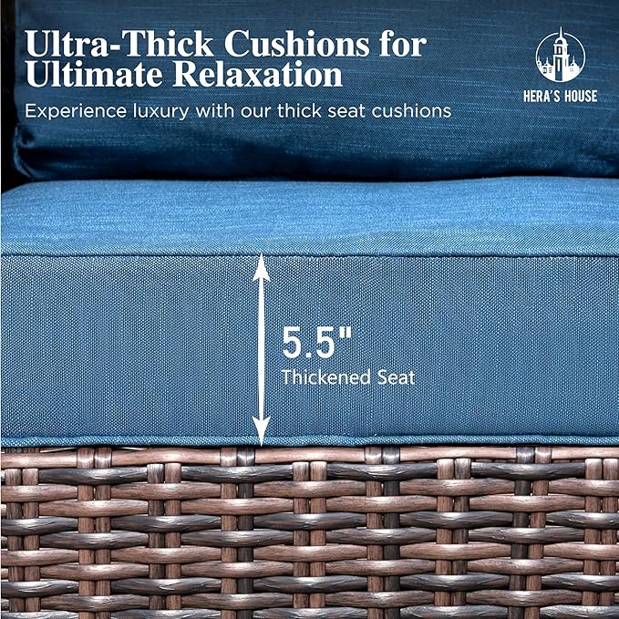 Oversized Patio Wicker Chairs, High Back Outdoor Swivel Chairs Set of 2 with Rattan Side Table, 5.5" Thick Cushions, 3-Piece Patio Furniture Sets for Deck Porch Pool, Brown/Blue