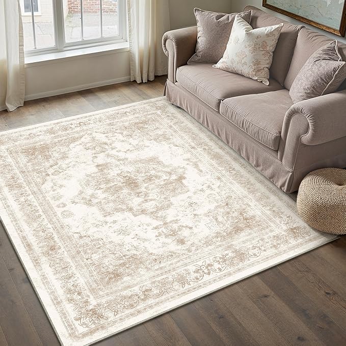 Area Rug 3x5 Cream Washable Office Entryway Vintage Medallion Beige Carpet Non Slip Retro Indoor Mat Low Pile Soft Distressed Small Rug for Bedroom Kitchen Laundry Dining Room