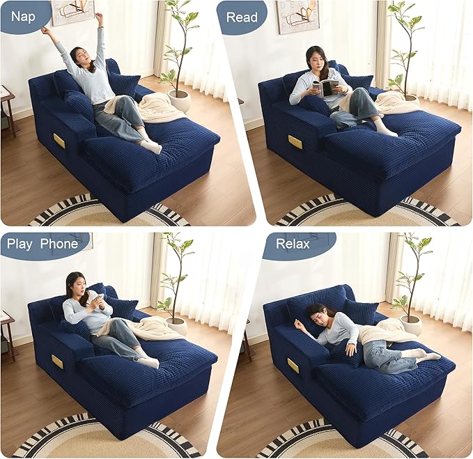63" Oversized Chaise Lounge Chair Indoor, Extra Cloud Layer, Convertible Sleeper Sofa Couch with Removable Pillows & Side Pockets, Corduroy Upholstered Sofa Bed with Armrests for Living Room, Blue