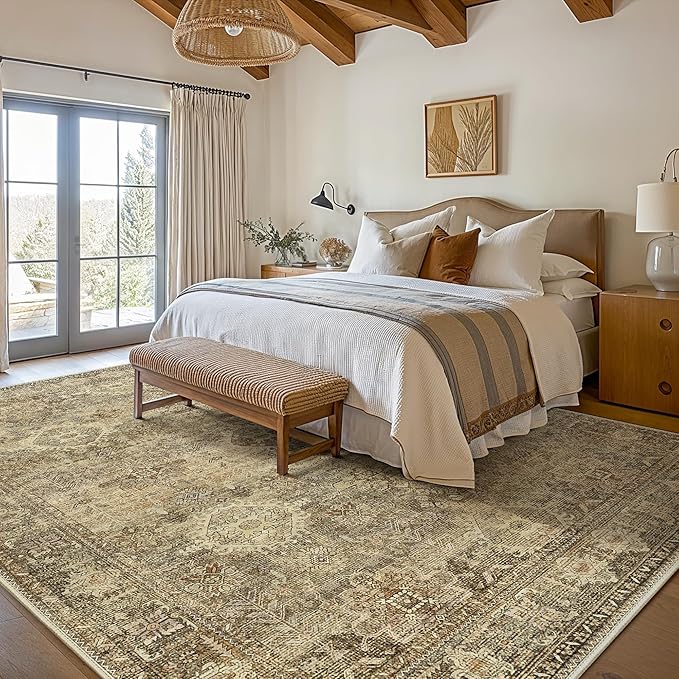 GENIMO 8X10 Area Rugs for Living Room, Machine Washable Non Slip Vintage Floral Patchwork Rug, Thin Low Pile Chenille Carpet Rugs for Bedroom, Dining Room, Straw