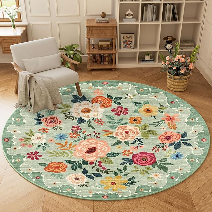 DUKINO Floral Round Rug, 6ft Washable Circle Rug, Non Slip Indoor Low Pile Circle Rug, Soft Small Boho Design Carpet for Bedroom, Entryway, Living Room, Dining Room, Green