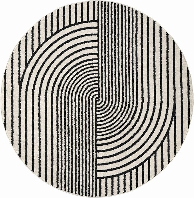 Abani Nuevo Collection Area Rug - Mid-Century Black and White Arch Knot Design - 6' Round - for Living Room, Bedroom & Office
