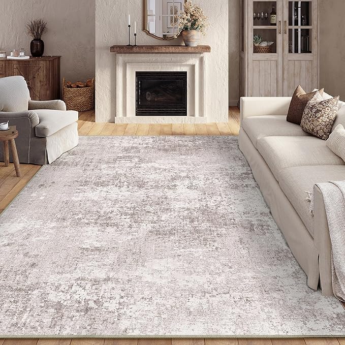Washable Beige Area Rug 8x10 Modern Abstract Living Room Large Carpet Bedroom Neutral Soft Throw Rug Low Pile Non Slip Indoor Contemporary Floor Cover for Dining Room Office
