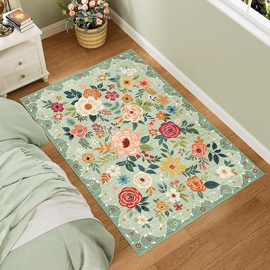 DUKINO 3x5 Area Rug, Floral Rugs for Living Room, Lightweight Non Slip Washable Rug, Indoor Low Pile & Non-Shedding Boho Design Rugs for Bedroom, Living Room, Dining Room, Green