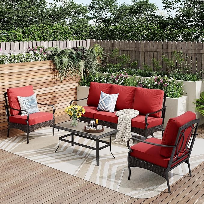PHI VILLA Outdoor Modern Patio Furniture Set, Upgraded Wicker&Metal Patio Furniture Conversation Set with Waterproof Thick Cushions for Porch, Poolside, Deck, and Yard (4 Pieces,Red)