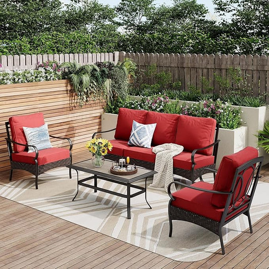 PHI VILLA Outdoor Modern Patio Furniture Set, Upgraded Wicker&Metal Patio Furniture Conversation Set with Waterproof Thick Cushions for Porch, Poolside, Deck, and Yard (4 Pieces,Red)