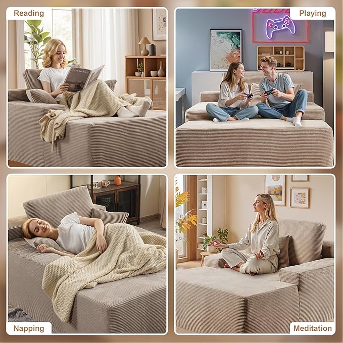Chaise Lounge Chair Indoor, 67" Oversized Comfy Corduroy Sleeper Sofa Bed, Boneless Upholstered Recliner Bed with Pillows and Wide Armrests, Modern Cloud Couch for Living Room, Camel