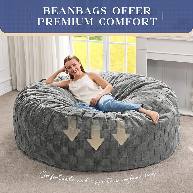 Hobestluk Bean Bag Chairs Beanbag Chair with Filler Adult Bean Bags with Fluffy Cover, Giant Bean Bag Chairs for Adults for Living Room, Bedroom (Grey, 6FT - 70" x 70" x 15")