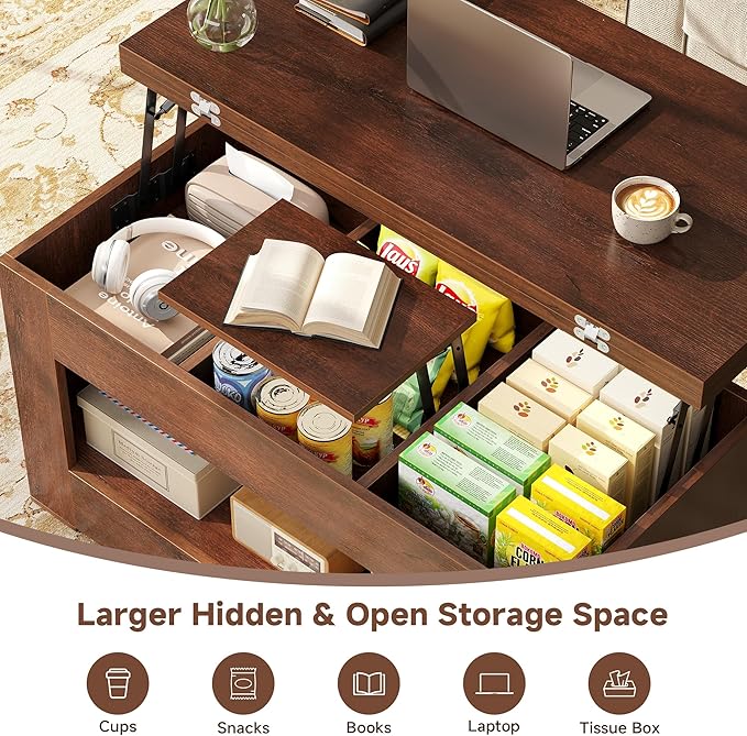 40" Lift Top Coffee Table, 4 in 1 Multi-Function Lift Coffee Table with Storage and Hidden Compartment, Convertible Coffee Tables to Dining Table for Living Room, Walnut