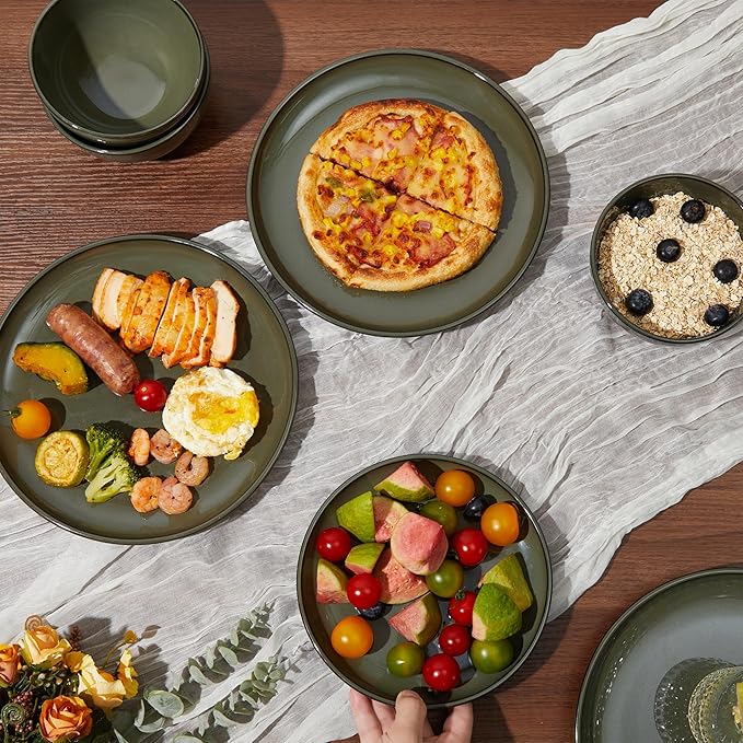 18 Piece Dinnerware Set for 6, Reactive Glaze Terracotta Plates and Bowls Set, Large Family-Sized Stoneware Dish Set for Gatherings, Chip and Scratch Resistant, Blackish Green