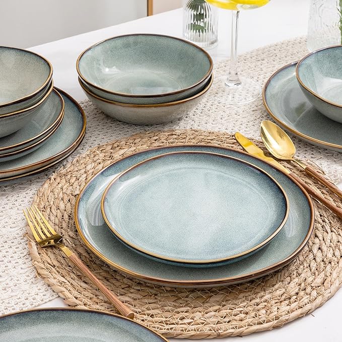 AmorArc Ceramic Dinnerware Sets,Handmade Reactive Glaze Stoneware Plates and Bowls Set,Highly Chip and Crack Resistant | Dishwasher & Microwave Safe,Service for 8 Dishes Set (24pc)