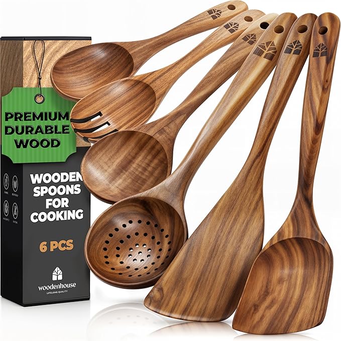 Wooden Spoons for Cooking – Wooden Kitchen Utensils Set, 6 Pcs Teak Wood Utensil Set – Comfortable Grip Non–Stick Wooden Cooking Utensils
