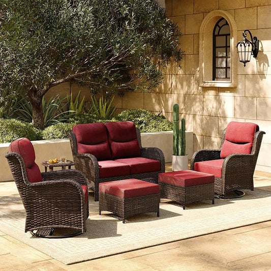 HILLGA Luxury Patio Furniture Set with 6-inch Thick Cushion, Outdoor Loveseat and High Back Swivel Rocker Patio Chairs, 6PCS Wicker Conversation Set for Deck Yard and Poolside, Burgundy (V2)