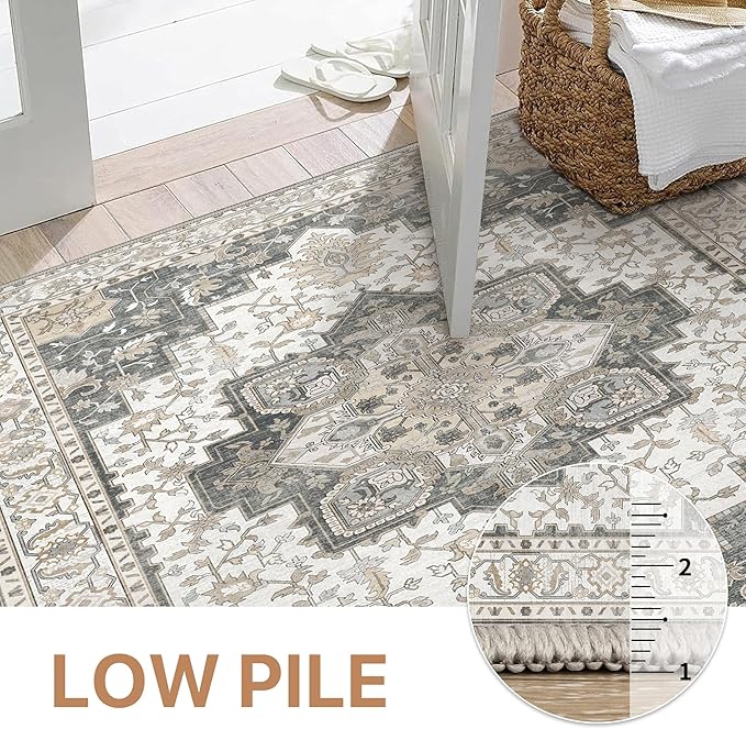 GENIMO 2x5 Runner Rugs for Hallway, Machine Washable Non Slip Vintage Retro Rugs, Low Pile Lightweight Soft Print Rug for enrtyway, Corridor, Home Office, Kitchen, Heathered Grey