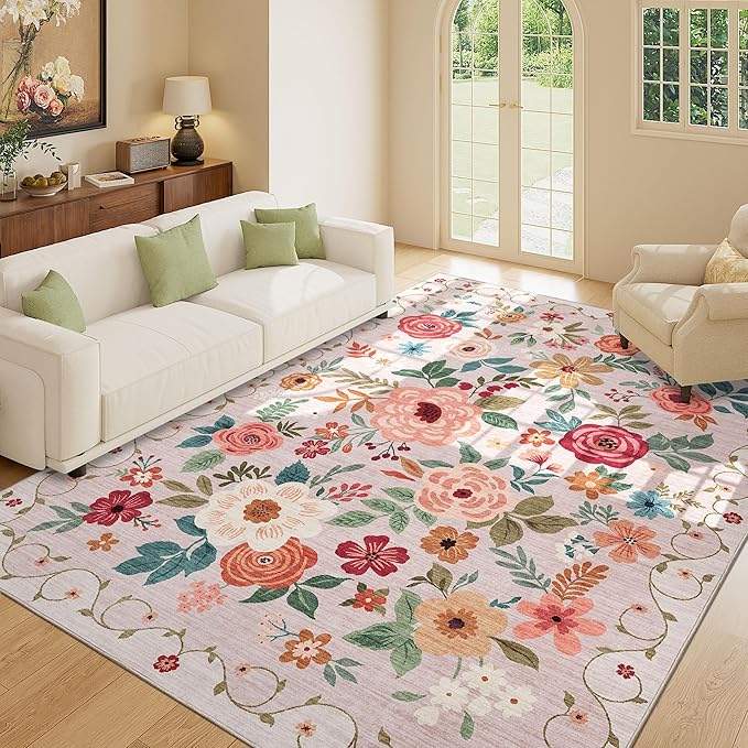 DUKINO 5x7 Area Rug, Floral Rugs for Living Room, Lightweight Non Slip Washable Rug, Indoor Low Pile & Non-Shedding Boho Design Rugs for Bedroom, Living Room, Dining Room, Beige