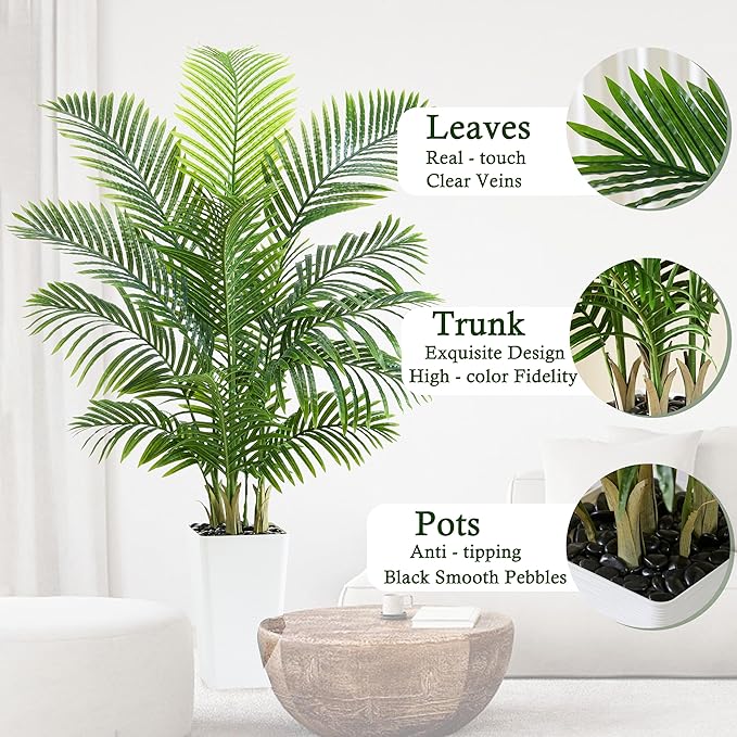 Artificial Palm Tree：5FT Tropical Fake Silk Plant UV Resistant Faux Areca Palm with White Planter & Black Pebbles for Home Office Living Room Decor Indoor Patio Porch Balcony (5FT,1-Pack,White)