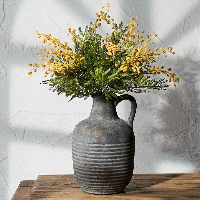SIDUCAL Rustic Ceramic Farmhouse Flower Vase with 1 Handle-Height 8.43" Terracotta Vase, Unique Textured Pottery Flower Vases for Home Decor, Table, Wedding, Living Room, Shelf Decor, Bronze Black