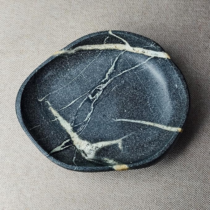 Handmade Decorative Bowl - Natural River Stone Pebble Artisan Crafted Serving Dish | 4-6 Inch Unique Decorative Tray for Home Centerpiece, Jewelry Holder (black)
