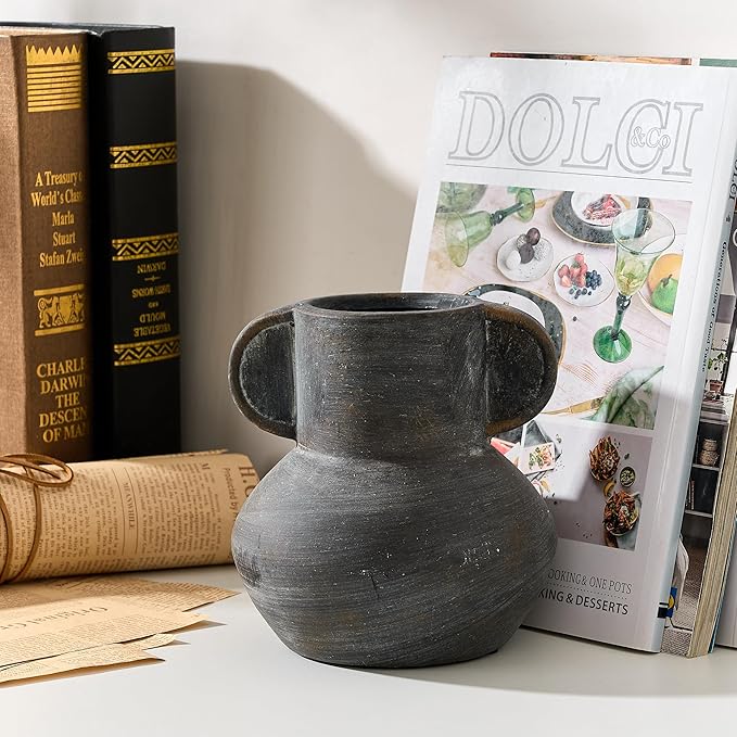 Antique Ceramic Vase with 2 Handles, 6.1 Inch Farmhouse Rustic Vase, Small Decorative Pottery Flower Vases for Home Decor, Wedding, Living Room, Table, Shelf Decor, Black Bronze
