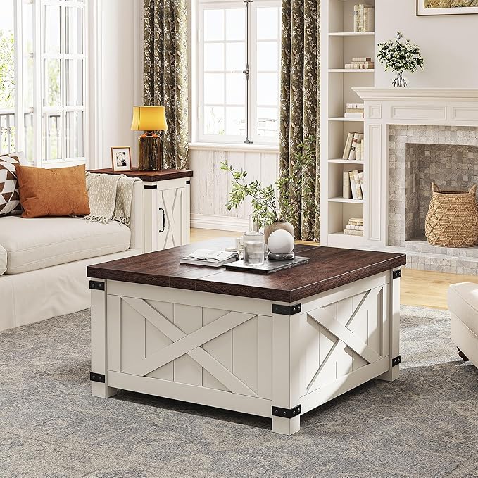 EnHomee Lift Top Coffee Table with Storage, 35.7" W Square Coffee Tables for Living Room, Small Coffee Table with Large Hidden Space, for Living Room, Bedroom, Home Office, White