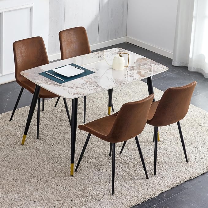 Granite Modern Dining Table Set for 4, 50" Sintered Stone Kitchen Table and 4 Upholstered Suede Leather Chair Dining Room Table Set for 4(1Marble Table and Brown Chairs Set of 4)