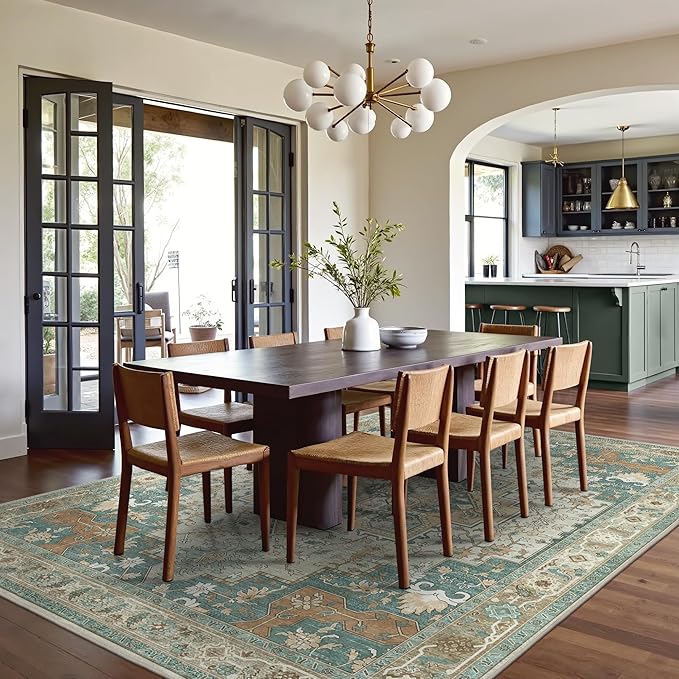 GENIMO 8x10 Area Rugs for Living Room, Machine Washable Non Slip Vintage Rugs, Low Pile Lightweight Chenille Print Rug for Bedroom, Dining Room, Home Office,Ash Blue