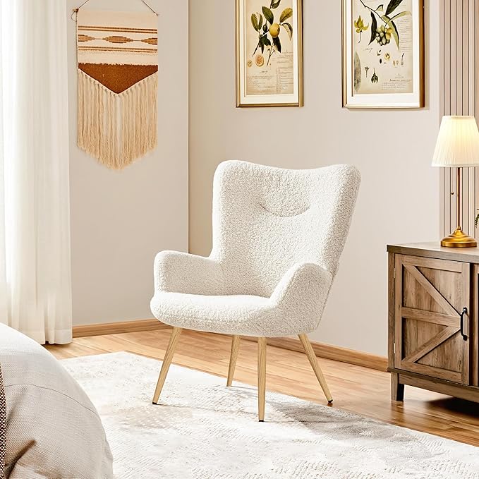 Yaheetech Accent Chair, Modern Boucle Vanity Chair with High Back and Wood-Tone Metal Legs, Sherpa Chair for Living Room, Home Office, Ivory