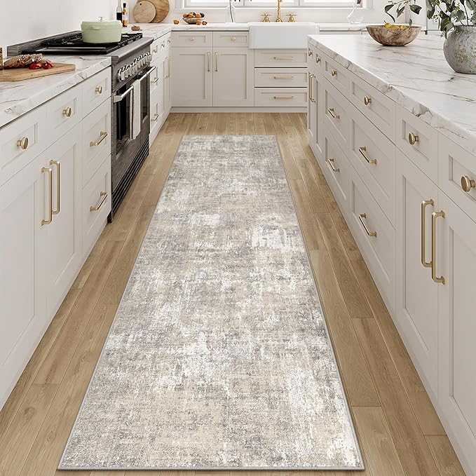 Machine Washable Runner Rug 2x8 Beige Gray Neutral Hallway Indoor Accent Modern Abstract Kitchen Low Pile Carpet Non Slip Distressed Throw Area Rug Living Room Bedroom Office Dining Room