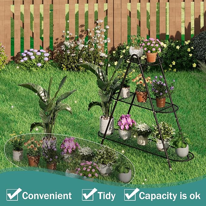 3-Tier Plant Stand, Heavy Duty Metal Planter Rack -Indoor/Outdoor Shelves with Large Tier’s Shelf - Display Multiple Flower Pots, Iron Plant Organizer for Living Room, Patio & Garden