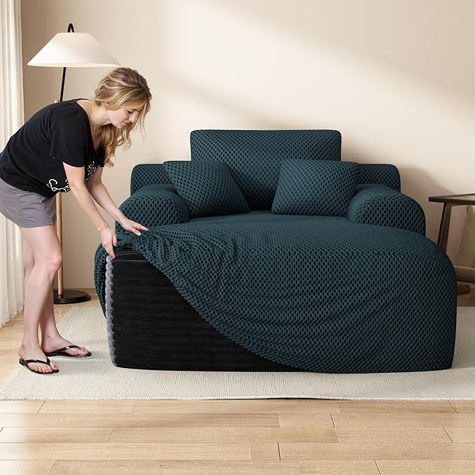 67" Oversized Chaise Lounge Chair with Cover, Comfy Sleeper Sofa Bed, Black Plush Corduory Couch for Living Room,Sofa in A Box,No Assembly Required (Breathable Blue Cover).
