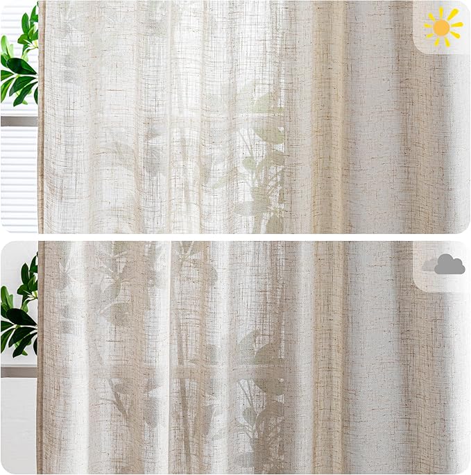 MYSKY HOME Country Curtains for Sliding Glass Door, Back Tab Semi Sheer Curtain Panels Extra Long Floor Length Drapes 108 Inches for Living Room Linen Texture Soft Touch, 100x108 Inch, Linen, 1 Piece