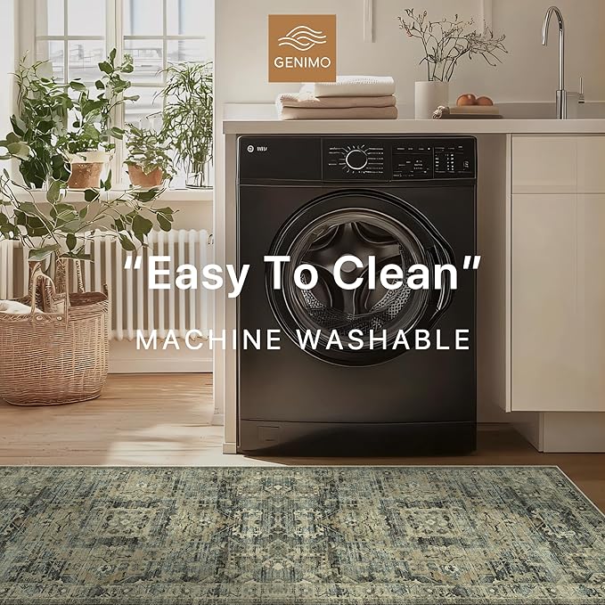GENIMO Machine Washable 9x12 Area Rugs for Living Room, Non Slip Vintage Rugs, Low Pile Lightweight Chenille Print Rug for Bedroom, Dining Room, Home Office, Tawny Sage