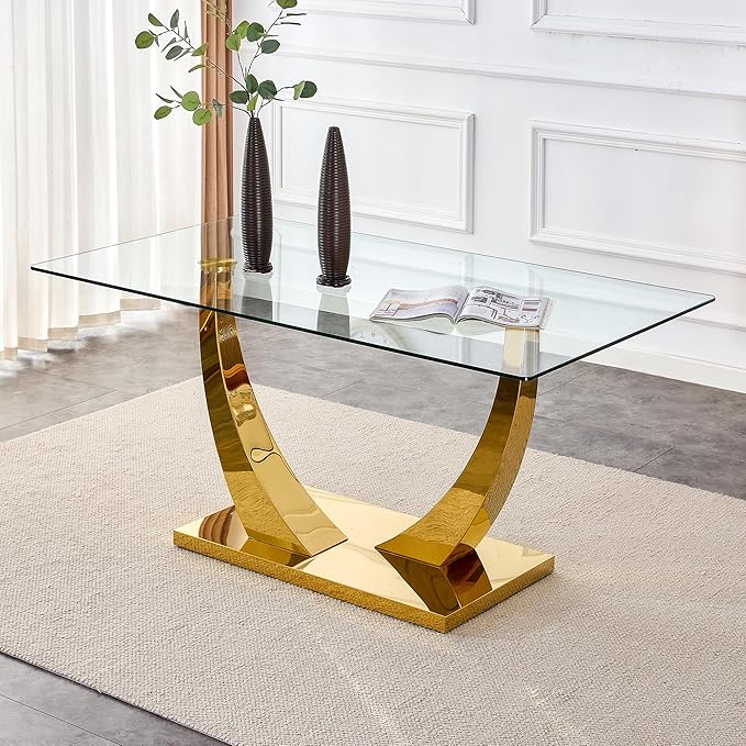 63” Glass Dining Table Set for 4,Gold Dining Room Table Set for 4,Modern Kitchen Table and PU Leather Chairs for 4, Dinner Table with Rectangle Tempered Glass Top and Golden Base