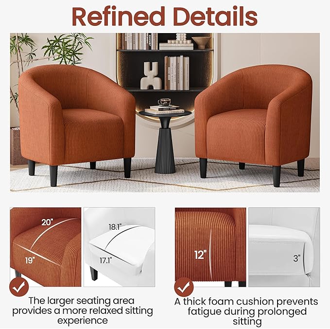 Yaheetech Accent Barrel Chair, Corduroy Fabric Club Chair, Furry Sherpa Elegant Armchair with Cozy Soft Padded, Suitable for Living Room Bedroom Reception Room Office, Set of 2, Brick Red