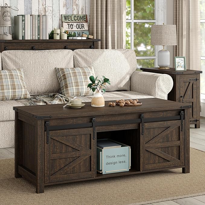47.3'' Lift Top Coffee Table Rectangle Farmhouse Coffee Table with Storage Rustic Center Table with Sliding Barn Doors for Living Room, Home, Dark Brown