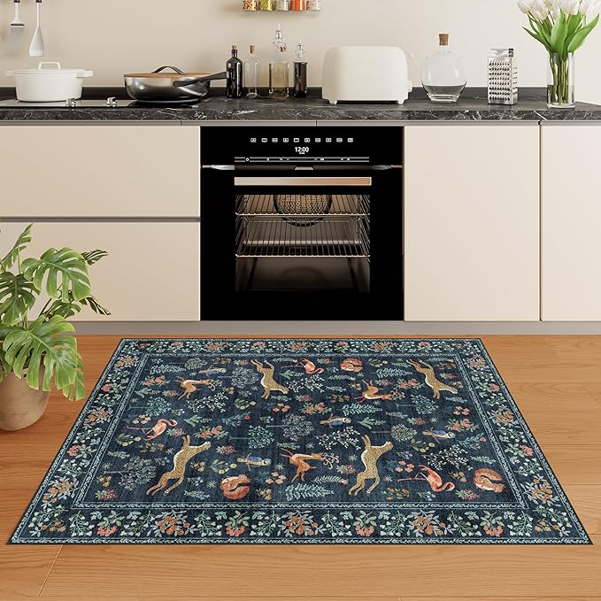 DUKINO 3x5 Rug, Washable Animal Area Rug with Non Slip Vintage Design, Indoor Soft Low Pile Carpet for Bedroom, Nursery, Dining Room, Farmhouse, Playroom, Navy Blue