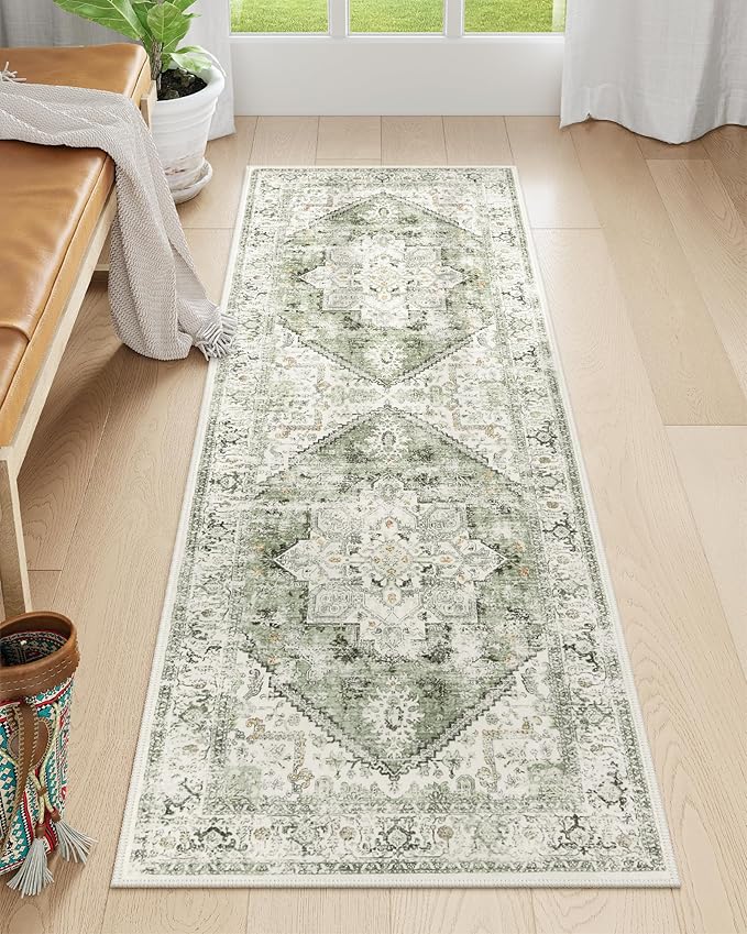 LIVEBOX Washable Runner 2x6 - Vintage Tribal Kitchen Rug, Long Entryway, Low-Pile for Bedroom, Non-Skid Soft Carpet Throw for Bathroom Laundry Room Hallway Sage