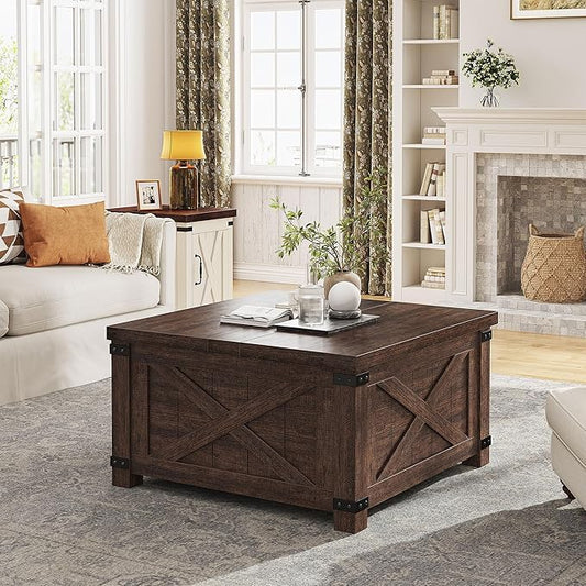 EnHomee Lift Top Coffee Table with Storage, 35.7" W Square Coffee Tables for Living Room, Small Coffee Table with Large Hidden Space, for Living Room, Bedroom, Home Office, Brown