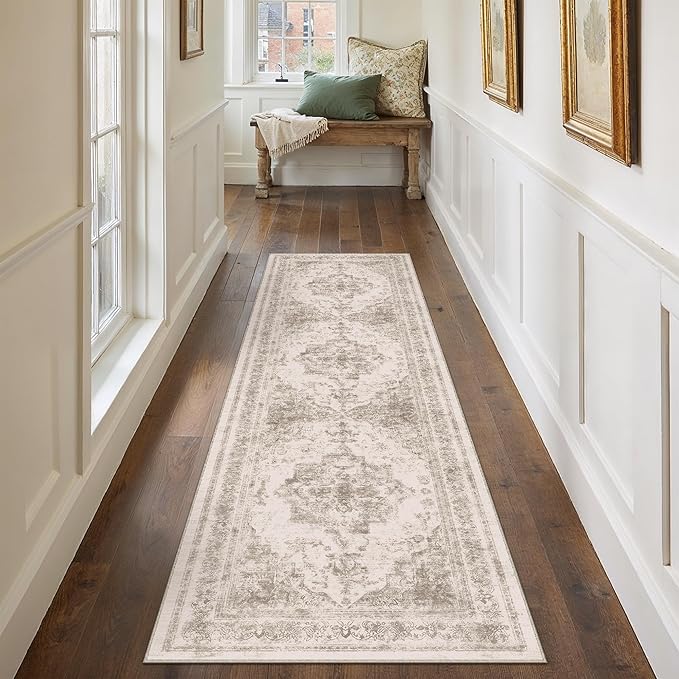 Runner Rug 2x7 Beige Hallway Washable Carpet Non Slip Vintage Medallion Carpet Low Pile Soft Distressed Retro Indoor Long Rug for Entryway Kitchen Bathroom Laundry Bedroom